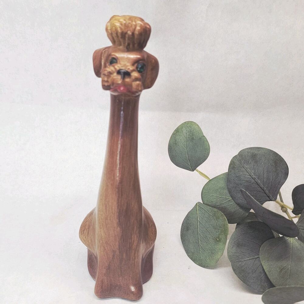 Vintage Mid Century Modern MCM Wood LOOK Poodle Dog Green Jewel Eyes Figurine